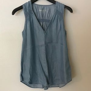 GAP Smocked Denim Chambray V Neck Tank Top